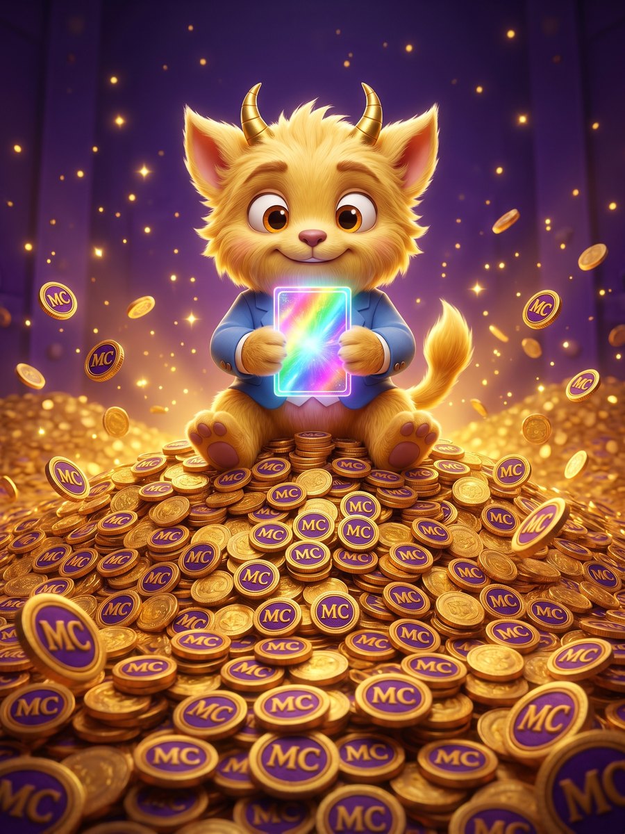 Joyeux assis sur une montagne de MoodCoins, une carte brillante à la main
